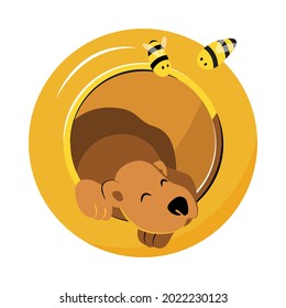 The bear fell asleep in a jar of honey. Natural honey in a jar. Bees with a jar of honey. Illustration in flat graphic style