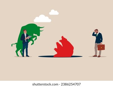 Bear fell into a pit. Global economy crash or boom. Bear and Bull fighting.  Modern vector illustration in flat style