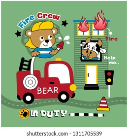 bear the fire rescue funny animal cartoon,vector illustration