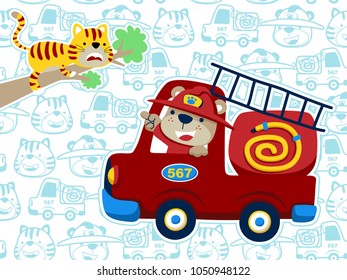 Bear the firefighter driving fire truck to rescue a cat on the tree