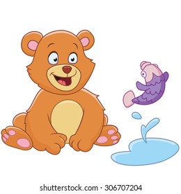 Bear and fish. Cartoon character isolated on white background. Colorful design for kids activity book, coloring page, colouring picture. Vector illustration for children.
