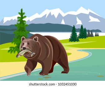 Bear with fish in his mouth against the background of mountains. Vector illustration