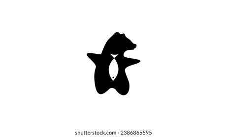 Bear with fish, fish is like a tie for a bear, black isolated silhouette