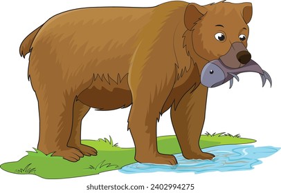 Bear with fish in mouth vector illustration