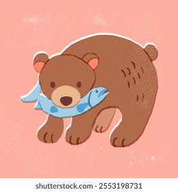 Oso con pescado en la boca. Ilustración vectorial