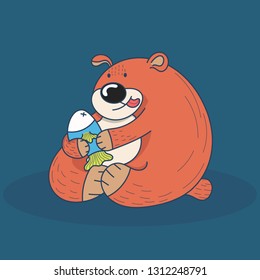 Bear with fish on blue background. cartoon, vector