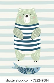 Bear with fish in Scandinavian style. Vector illustration. Funny, cute poster.