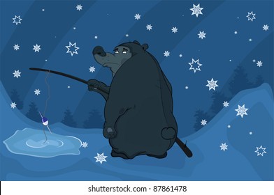 Bear the fisher and winter. Cartoon
