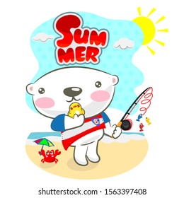 Bear fisherman with fishing rod catching fish. Animal wildlife cute childish bear fishing artistic drawing And friends