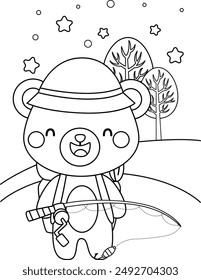 Bear Fishing Animal Camping Coloring Page