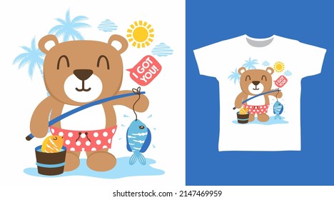 Bear fishing cartoon tshirt concept design