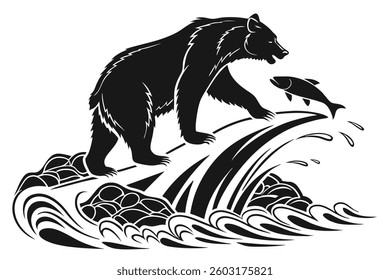 a bear fishing in a river, isolated on a white background. The design represents nature, survival, and wildlife in action. all shape black color line art 