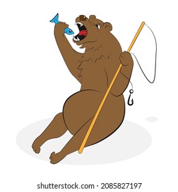 bear with fishing rod eating fish vector illustration isolated on white background