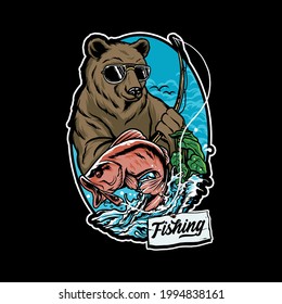 Bear Fishing Salmon Vector Illustration