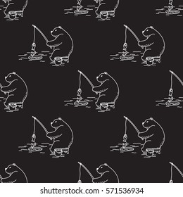 Bear fishing Seamless Pattern black