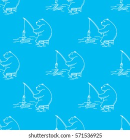 Bear fishing Seamless Pattern blue