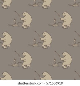 Bear fishing Seamless Pattern brown