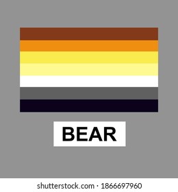Bear flag with title. LGBT+ movement pride  flag with horizontal stripes. Concept for lgbt community, family and rights. Flat isolated stock vector illustration Eps 10.
