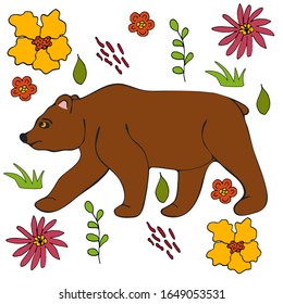 Ilustración dibujada a mano plana. Caricatura animada sobre fondo botánico. Afiche de vector animal salvaje 