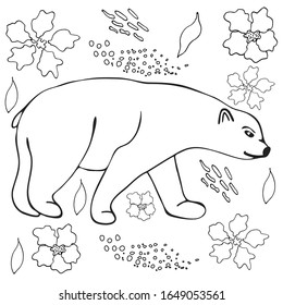 Bear flat hand drawn illustration. Cute cartoon animal character on botanical background. Wild animal vector poster 