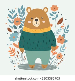 bear in flat style on floral background isolated