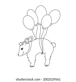 Der Bär fliegt auf Ballons. Handgezeichnete, isolierte, schwarz-weiße Kontur, Vektorgrafik für Kinderfarbbuch. Design für ein Kind für ein Spiel, Banner, Poster.