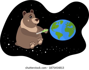 A bear flies in space, holds a syringe with a vaccine in its paws and makes a vaccine on planet Earth.