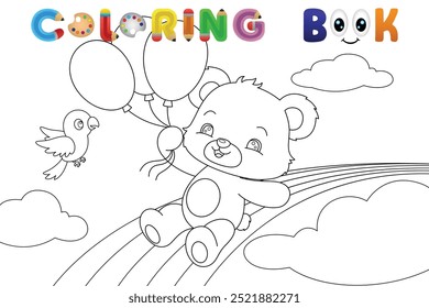 Bear floating with balloons on a rainbow coloring book page. Vector illustration