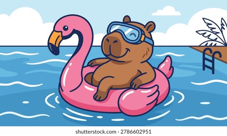 Bear Floating On Flamingo Pool Float Summer Illustration Containing cute animal mascot, swimming pool vacation, and tropical holiday scene