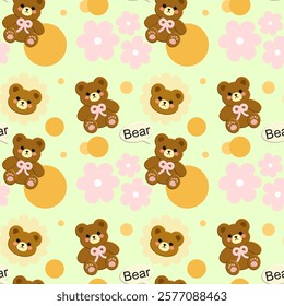 Bear,  flower on green background, Fabric pattern, Wrapping paper, Notebook cover , seamless pattern 