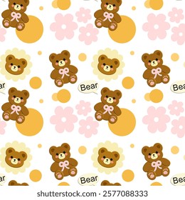 Bear,  flower on white background, Fabric pattern, Wrapping paper, Notebook cover , seamless pattern 