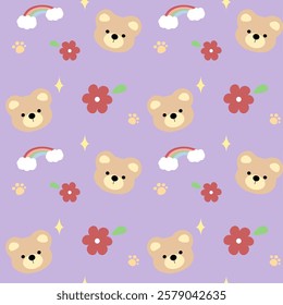 Bear, flower, rainbow on blue background, fabric pattern, gift wrapping paper, cute stickers, notebook cover, phone case , seamless pattern 