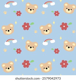 Bear, flower, rainbow on blue background, fabric pattern, gift wrapping paper, cute stickers, notebook cover, phone case , seamless pattern 