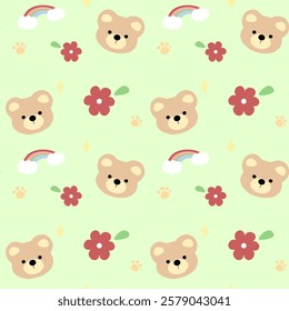 Bear, flower, rainbow on green background, fabric pattern, gift wrapping paper, cute stickers, notebook cover, phone case , seamless pattern 