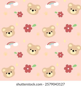 Bear, flower, rainbow on pink background, fabric pattern, gift wrapping paper, cute stickers, notebook cover, phone case , seamless pattern 