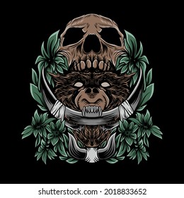 bear with flower skull and fangs with ornament illustration	