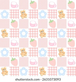 Bear, flower, strawberry, milk on white background, checkered, fabric pattern, gift wrapping paper , seamless pattern 