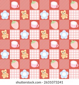 Bear, flower, strawberry, milk on red background, checkered, fabric pattern, gift wrapping paper , seamless pattern 