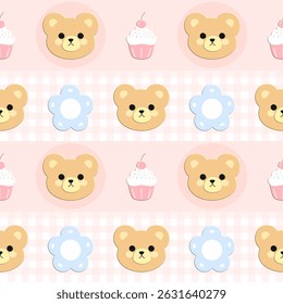 Bear, Flowers, Cupcake on Pink Background, Checkered, Fabric, Wrapping Paper , Seamless Pattern 