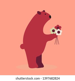 bear with flowers in hend . Beautiful card with lovely cute little bear