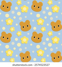 Bear, Flowers on blue background, Cartoon pattern, Fabric pattern, Gift wrapping paper , seamless pattern 