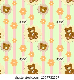 Bear, flowers on blue background, pink lines, fabric pattern, wrapping paper pattern, notebook cover , seamless pattern 