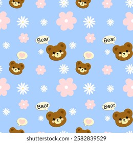 Bear, Flowers on a blue background, Fabric pattern, Wrapping paper, Notebook cover, Phone case , seamless pattern 