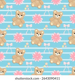 Bear flowers on blue background, fabric pattern, gift wrapping paper , seamless pattern 