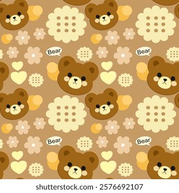 Bear, Flowers on brown background, Fabric pattern, Wrapping paper, Notebook cover , seamless pattern 