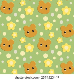 Bear, Flowers on green background, Cartoon pattern, Fabric pattern, Gift wrapping paper , seamless pattern 