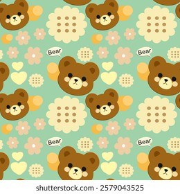 Bear, Flowers on green background, Fabric pattern, Gift wrapping paper, Cute stickers, Notebook cover, Phone case , seamless pattern 