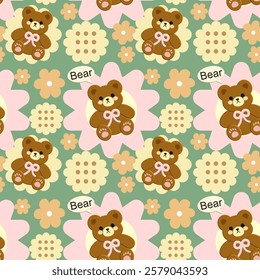 Bear, Flowers on green background, Fabric pattern, Gift wrapping paper, Cute stickers, Notebook cover, Phone case , seamless pattern 