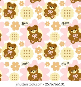 Bear, Flowers on pink background, Fabric pattern, Wrapping paper, Notebook cover , seamless pattern 