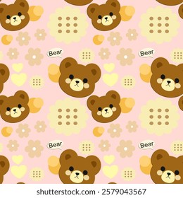 Bear, Flowers on pink background, Fabric pattern, Gift wrapping paper, Cute stickers, Notebook cover, Phone case , seamless pattern 